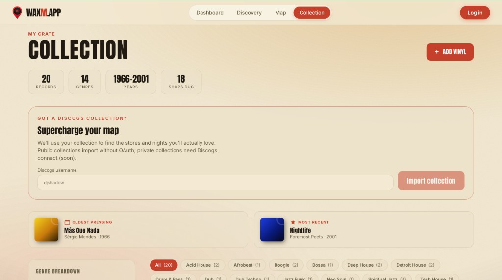 The Collection page: record and genre counts, a Discogs username import box, and oldest and most recent pressings.