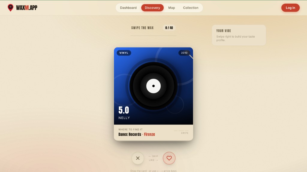 The Discovery deck: a single blue record card with a spinning vinyl, the shop where to find it, and skip/like buttons underneath.