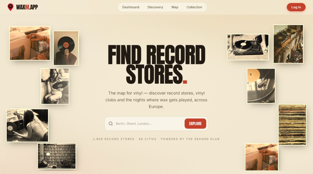 The WaxMapp landing page: the headline Find Record Stores surrounded by scattered photos of crates, turntables and record shelves, with a city search bar.