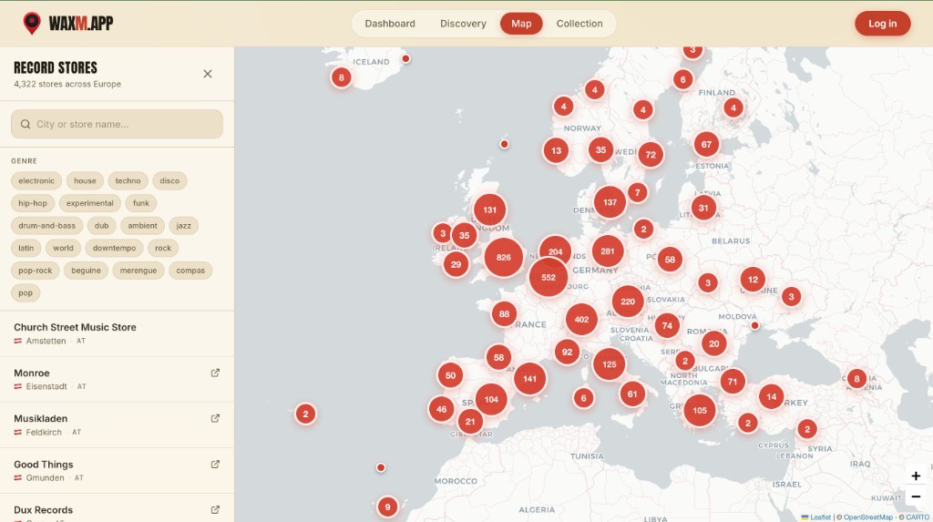 The Map: Europe with red cluster bubbles counting record stores per region and a side panel listing stores with genre filters.